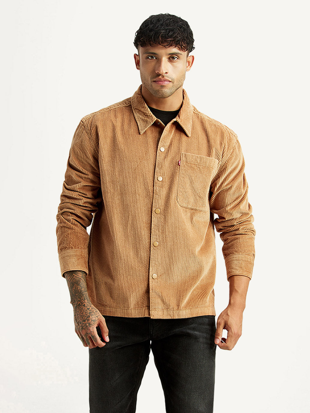 Men's Textured Tan Relaxed Fit Corduroy Shirt