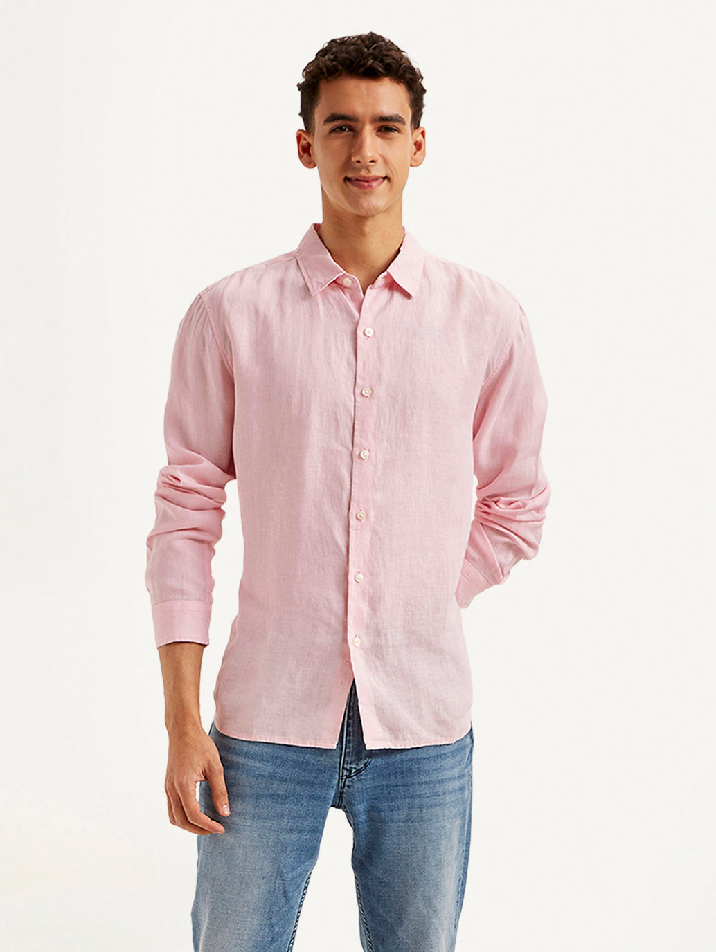 Men's Redloop Solid Slim Fit Linen Shirt - Front View