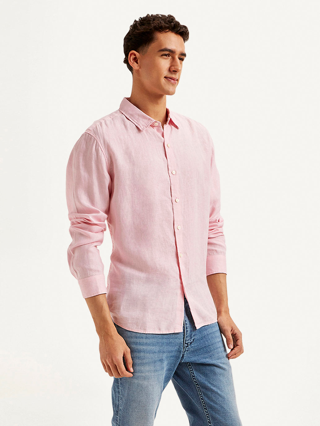 Men's Redloop Solid Slim Fit Linen Shirt - Side View