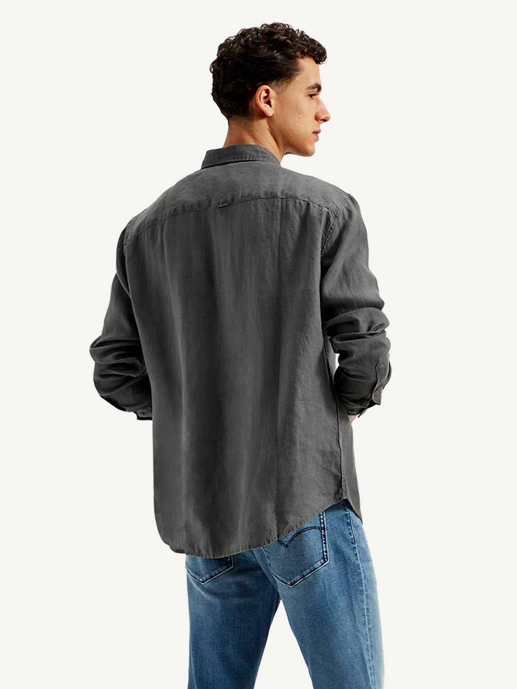Men's Redloop Solid Slim Fit Linen Shirt - Back View