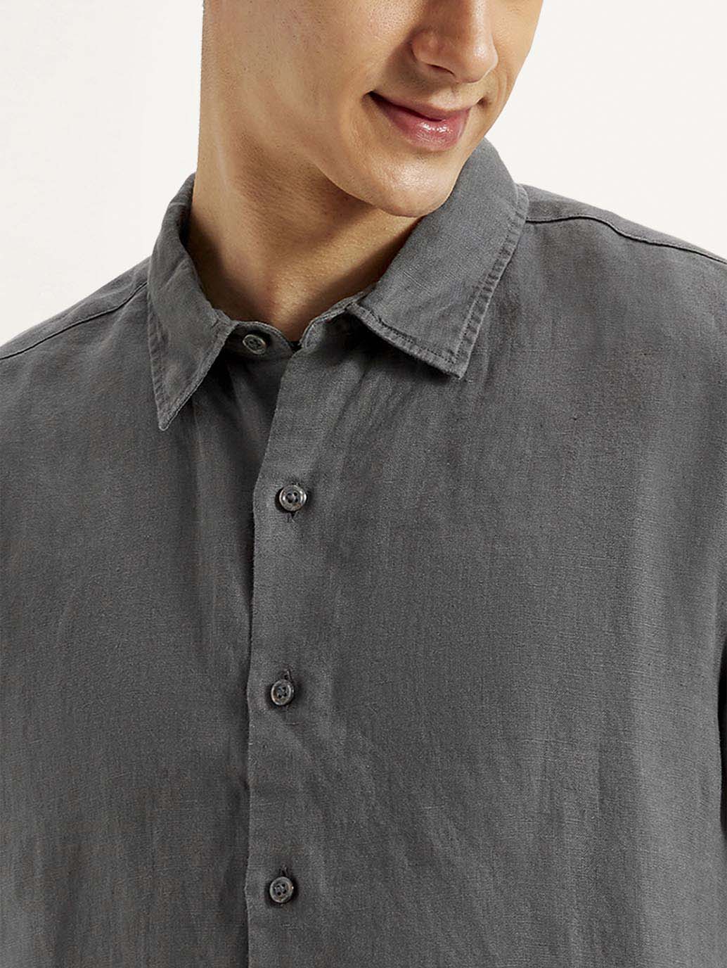 Men's Redloop Solid Slim Fit Linen Shirt - Detail View