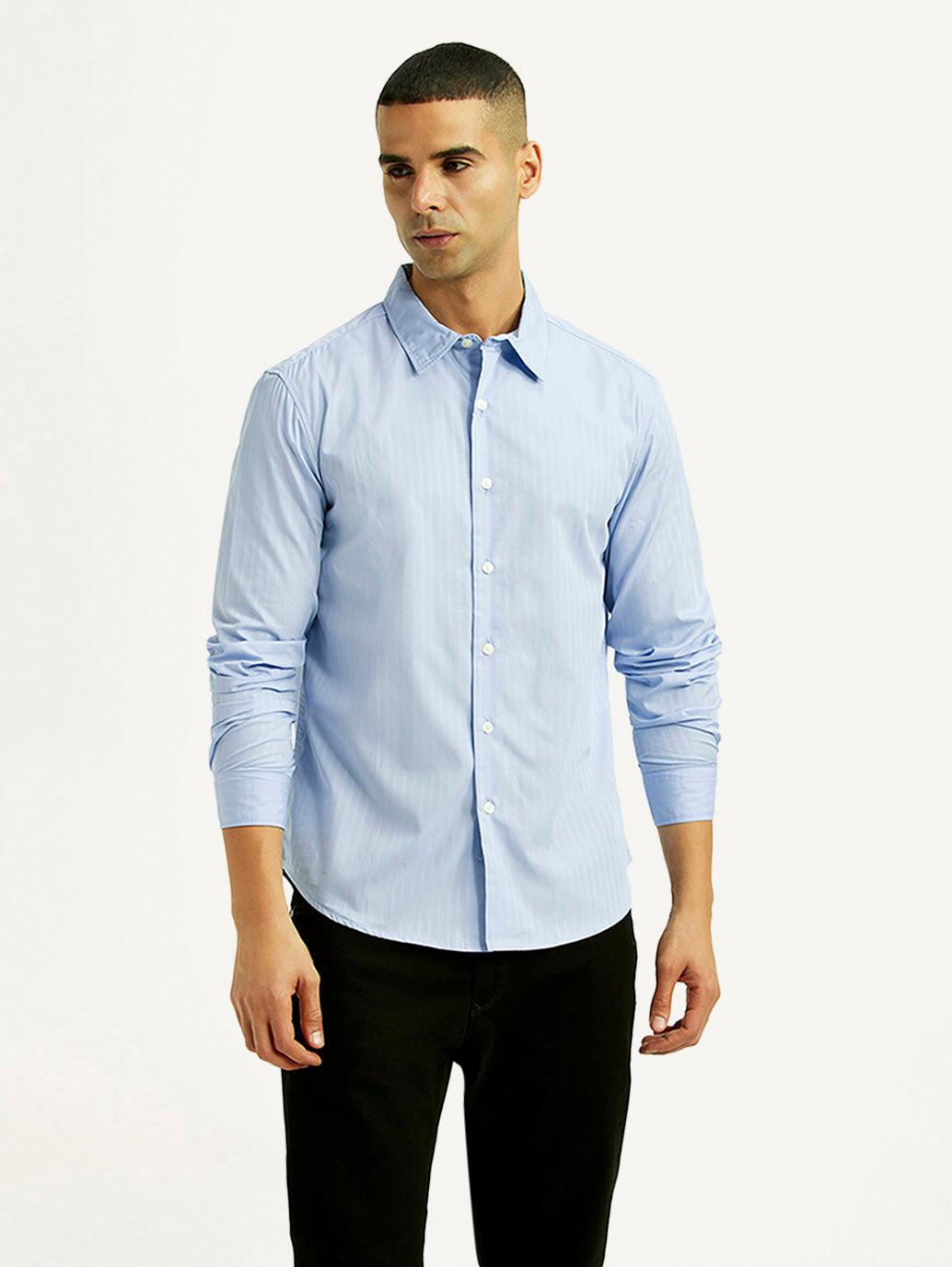 Men's Striped Light Blue Slim Fit Shirt - Front View