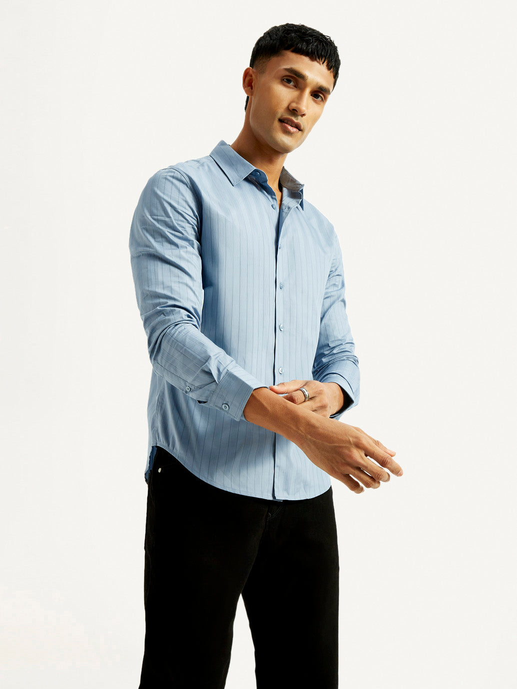 Men's Redloop Striped Light Blue Slim Fit Shirt - Elevated View