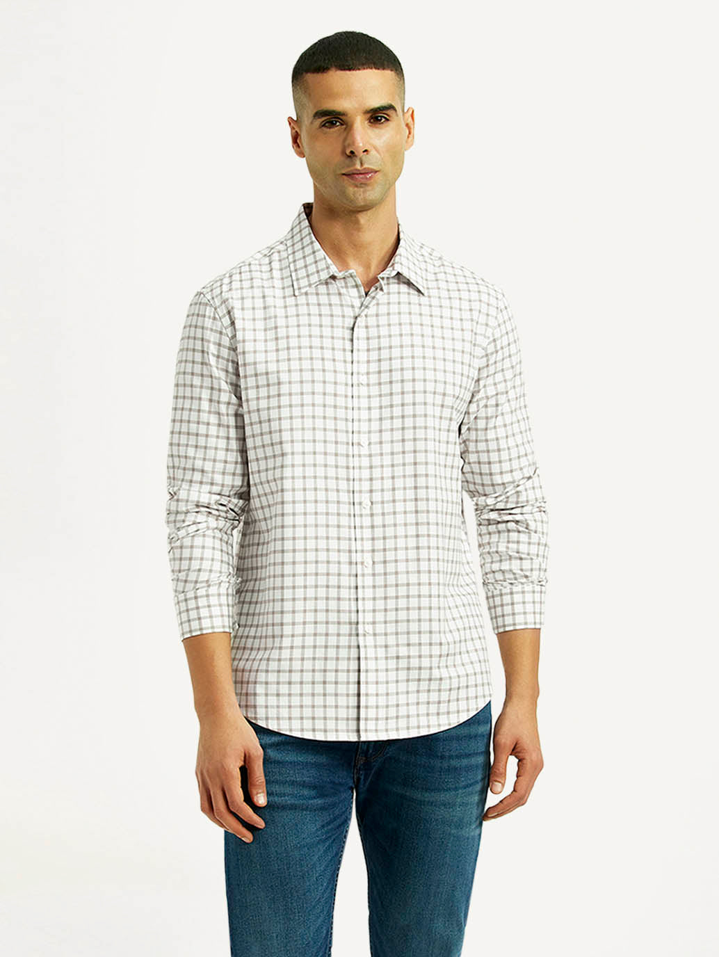 Men's Checkered White Slim Fit Shirt - Front View