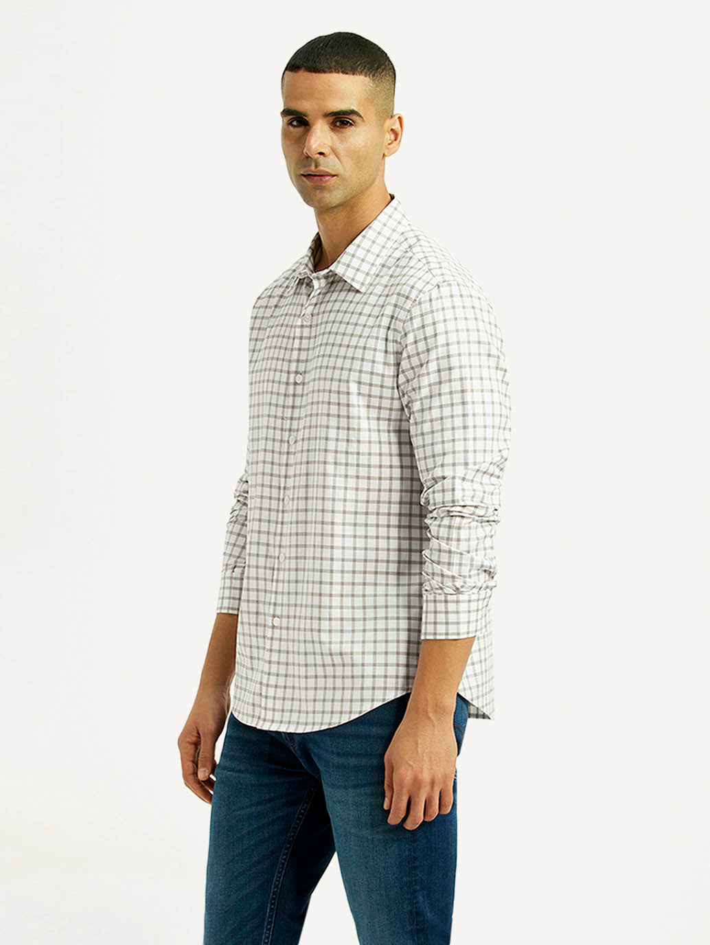 Men's Checkered White Slim Fit Shirt - Side View