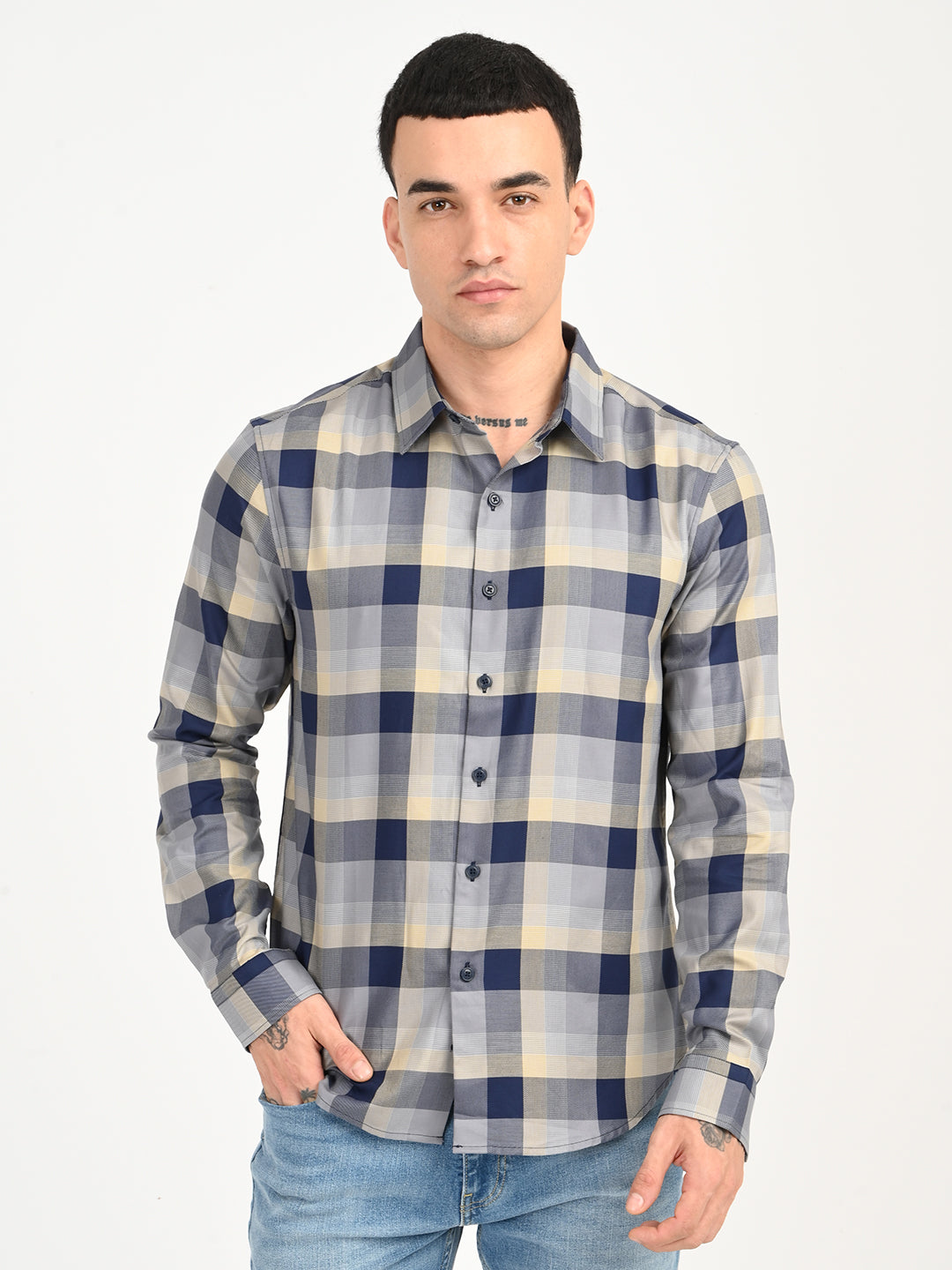 Men's Checkered Grey Slim Fit Shirt - frount View