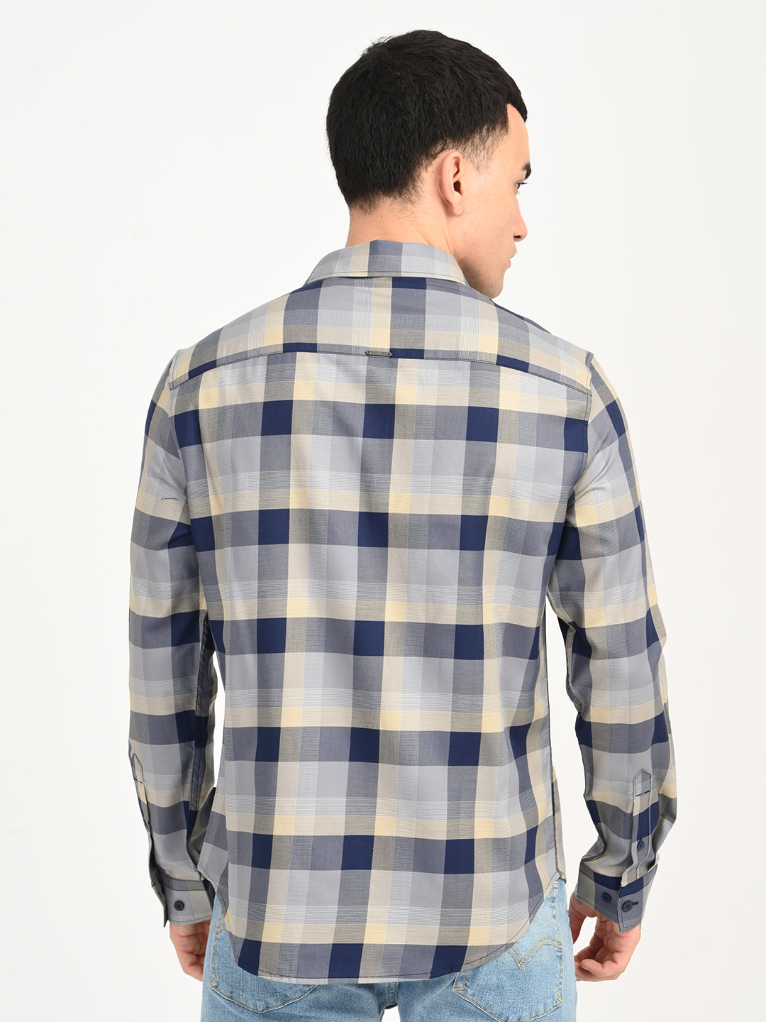 Men's Checkered Grey Slim Fit Shirt - back View