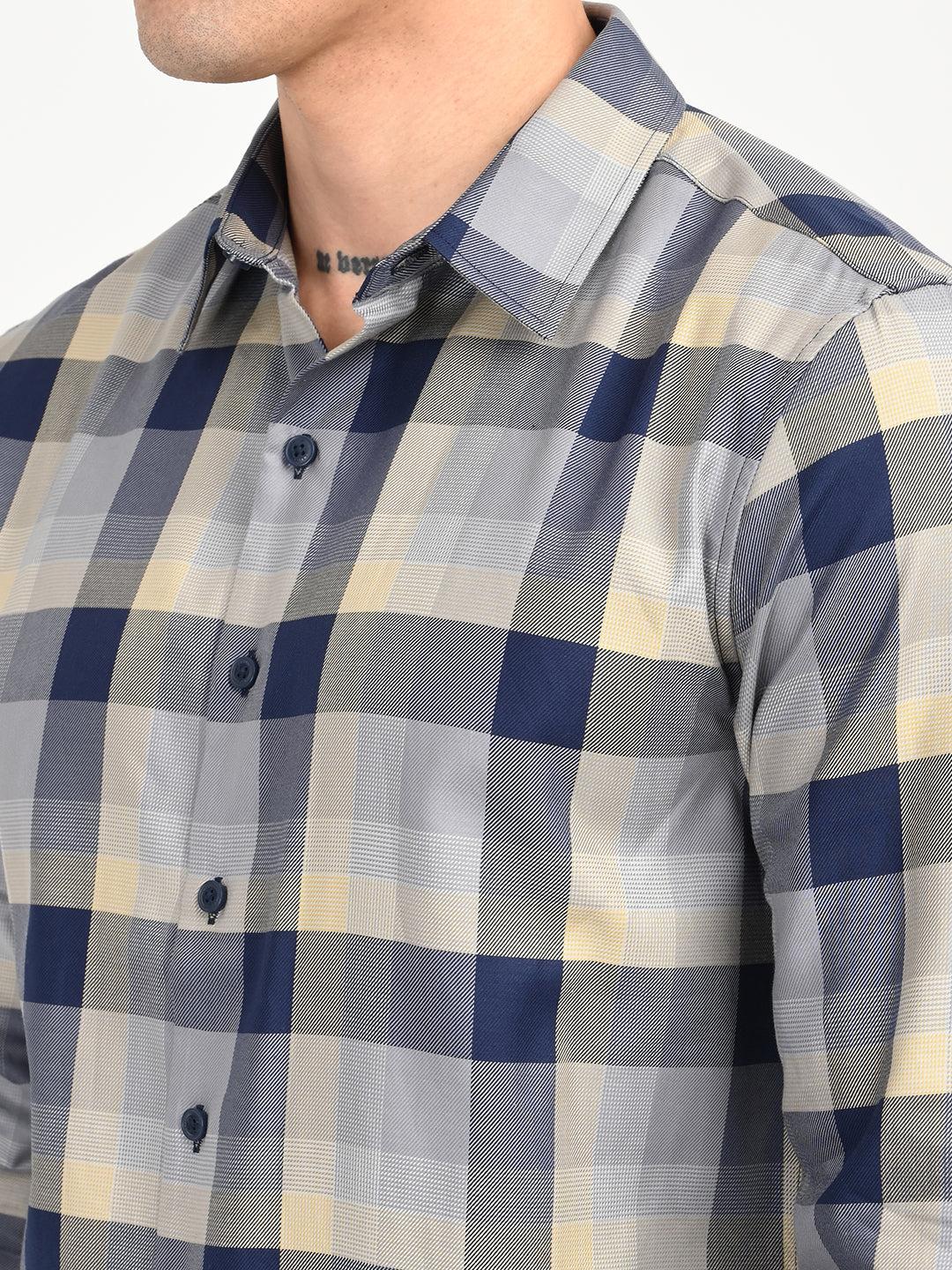 Men's Checkered Grey Slim Fit Shirt - 20deatil View