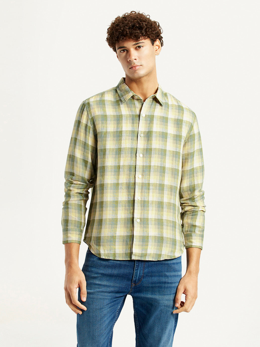 Men's Checkered Yellow Slim Fit Shirt - Front View