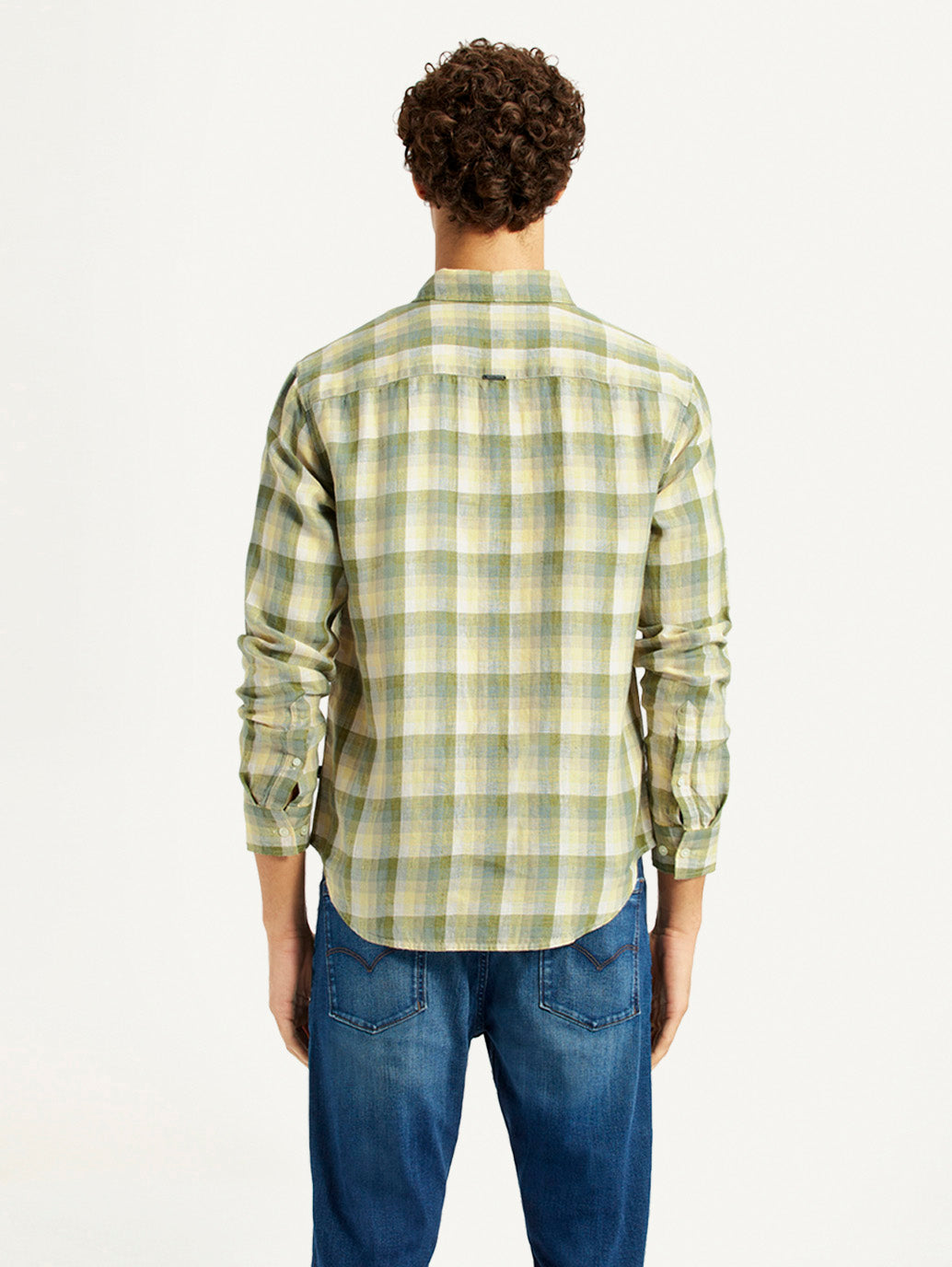 Men's Checkered Yellow Slim Fit Shirt - Back View