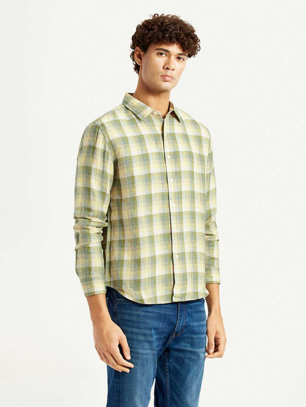 Men's Checkered Yellow Slim Fit Shirt - Side View