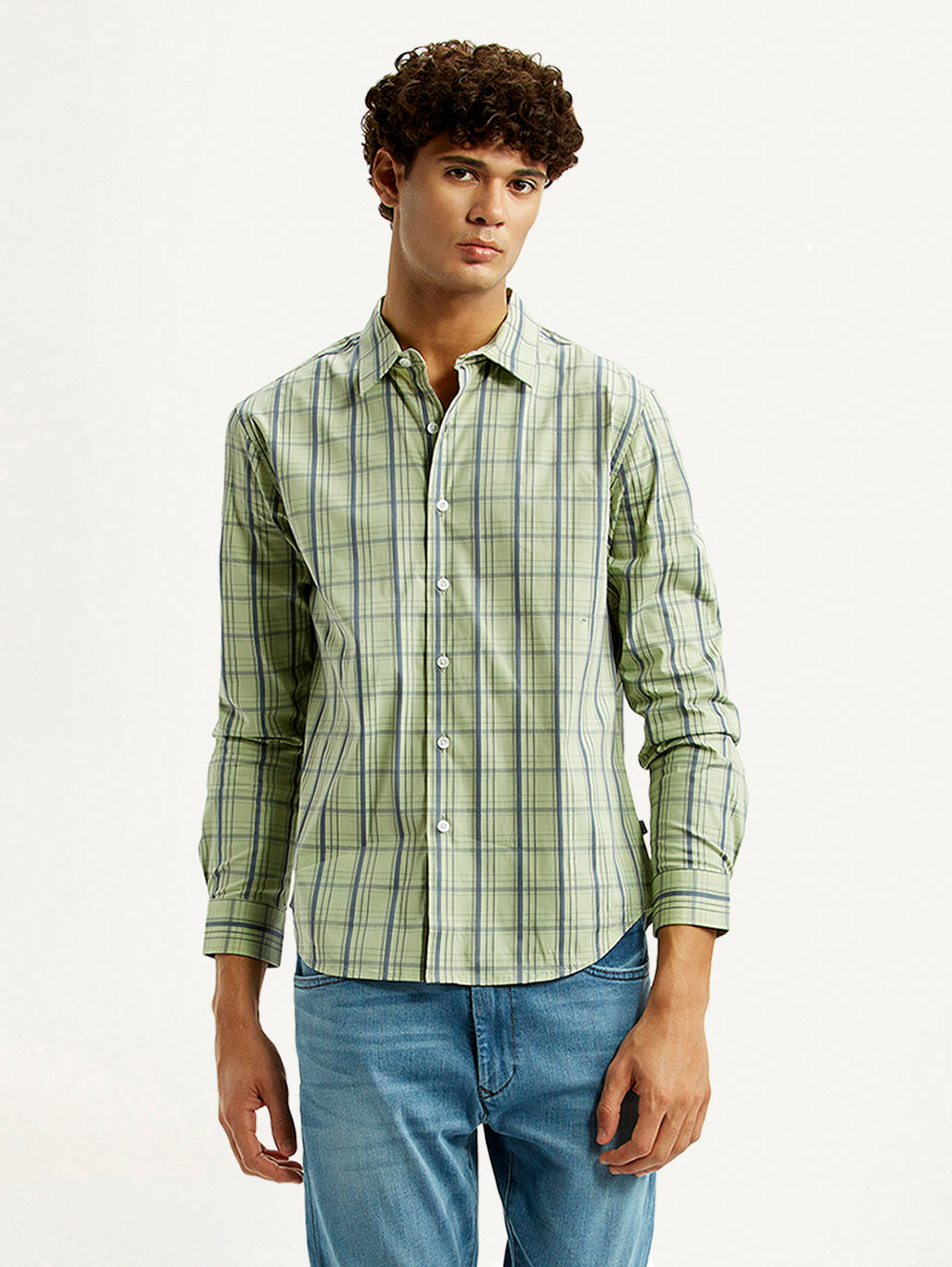 Men's Checkered Light Green Slim Fit Shirt - Styleshot View