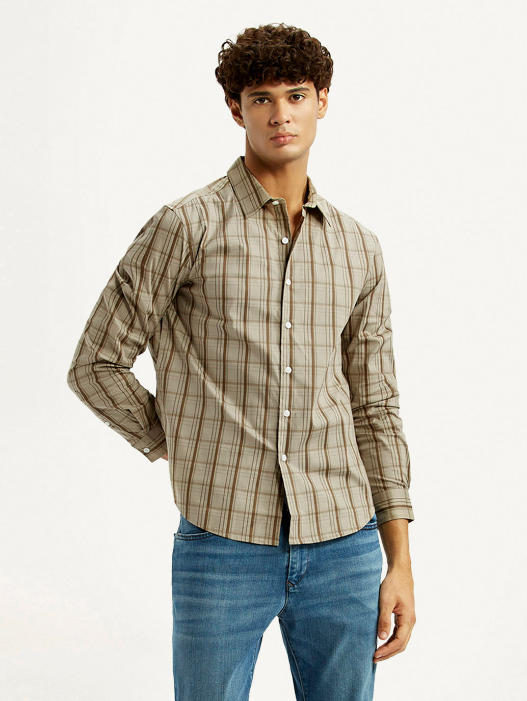 Men's Checkered Beige Slim Fit Shirt - Styleshot View