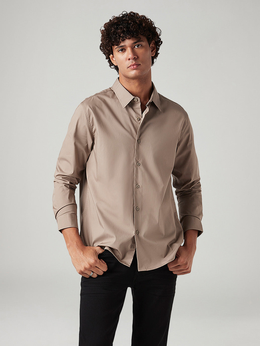 Men's Solid Beige Slim Fit Shirt - 966e269d-de93-45a4-a49d-e5d81ea06eae View