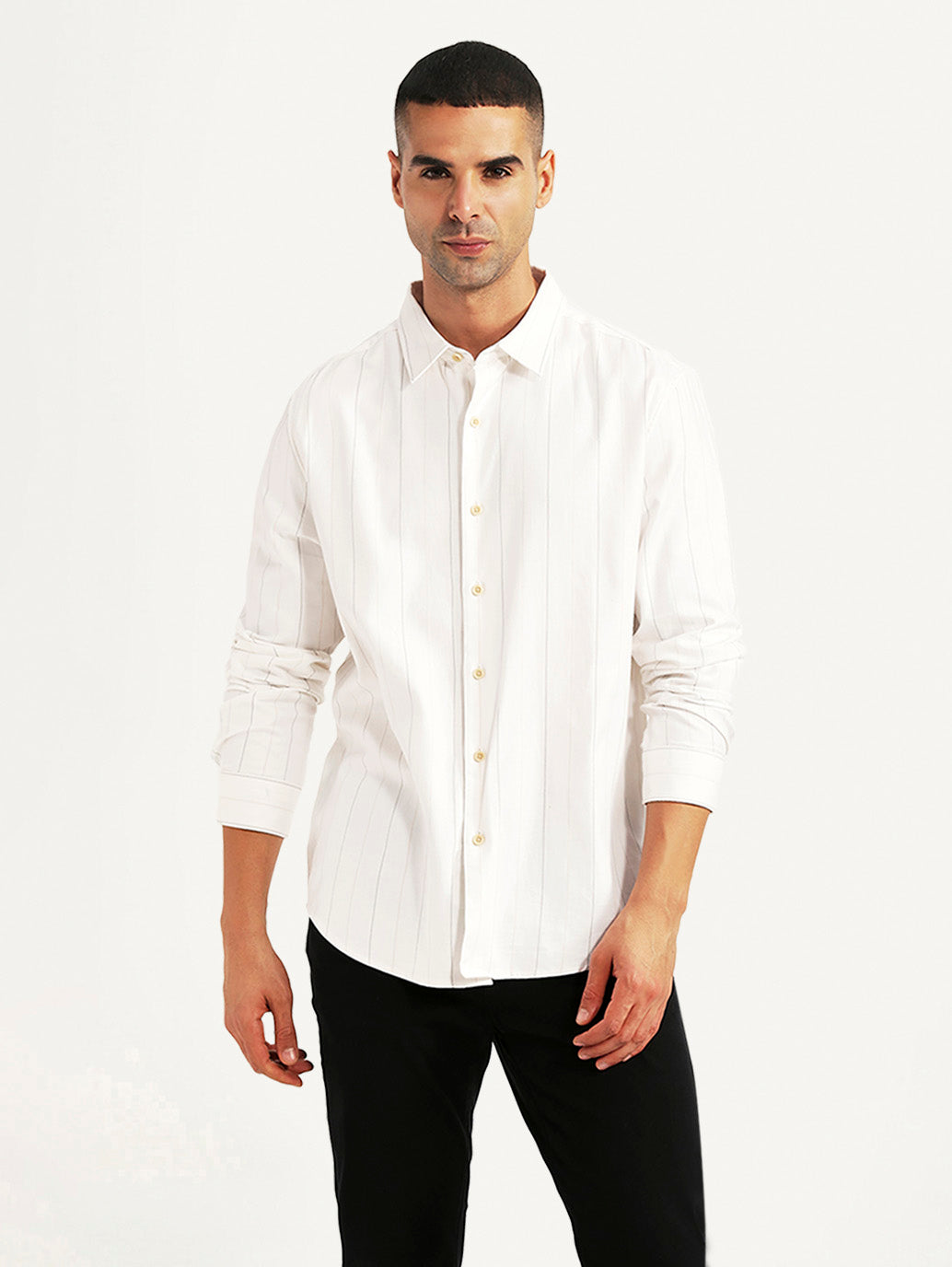 Men's Pin Stripes White Slim Fit Shirt - a60ab8cf-8b63-475b-921c-37409914479d View