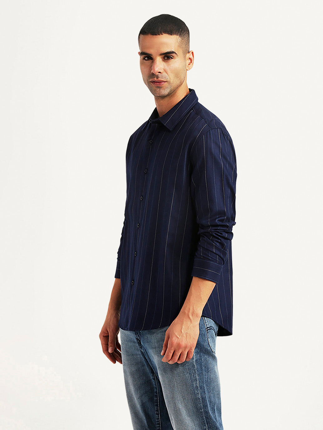 Men's Pin Stripes Navy Slim Fit Shirt - db63b377-dad6-4e6b-8ede-89c068a6b3ab View