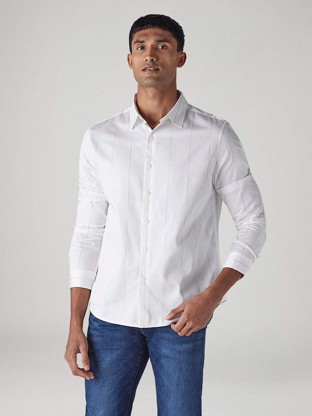Men's Striped Slim Fit Redloop Poplin Shirt - Front View