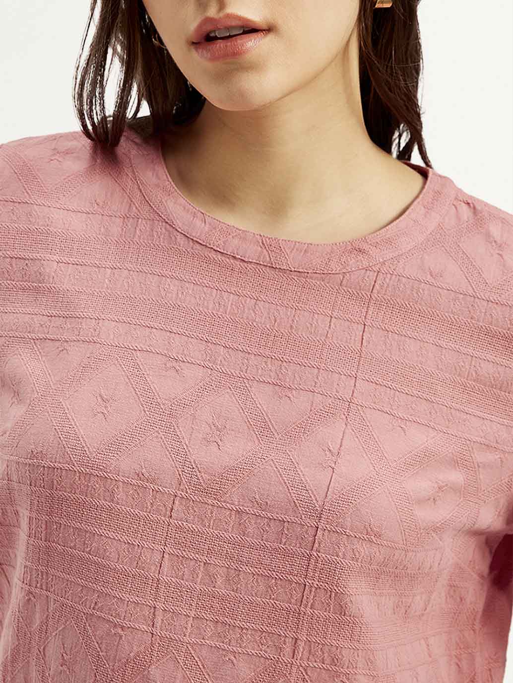 Women's Textured Pink Round Neck Top - Detail View