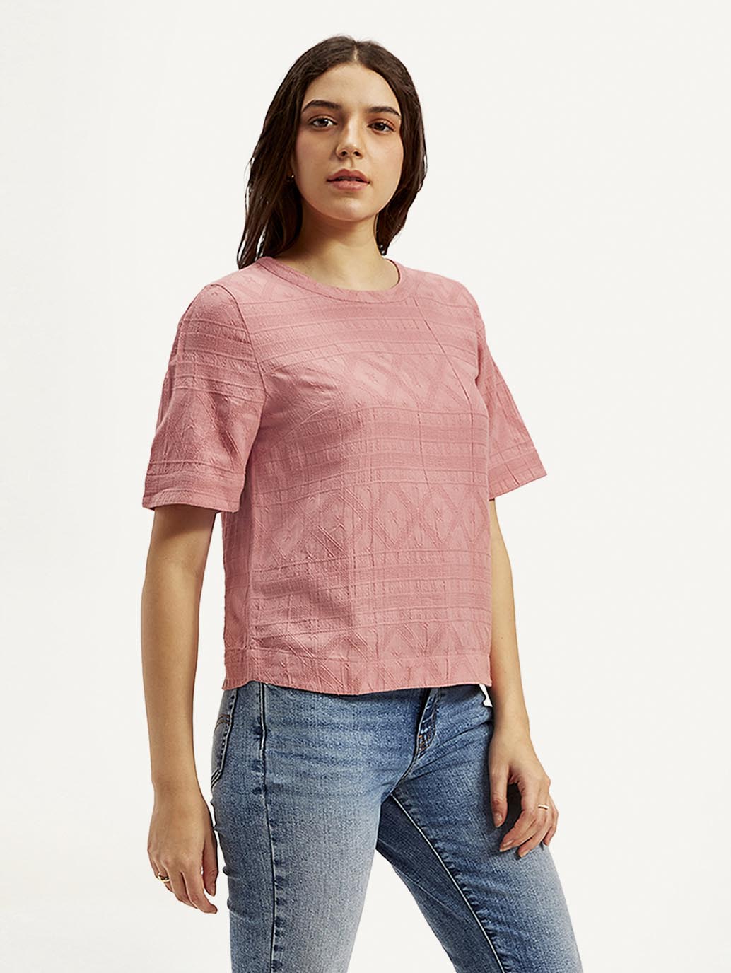 Women's Textured Pink Round Neck Top - Side View