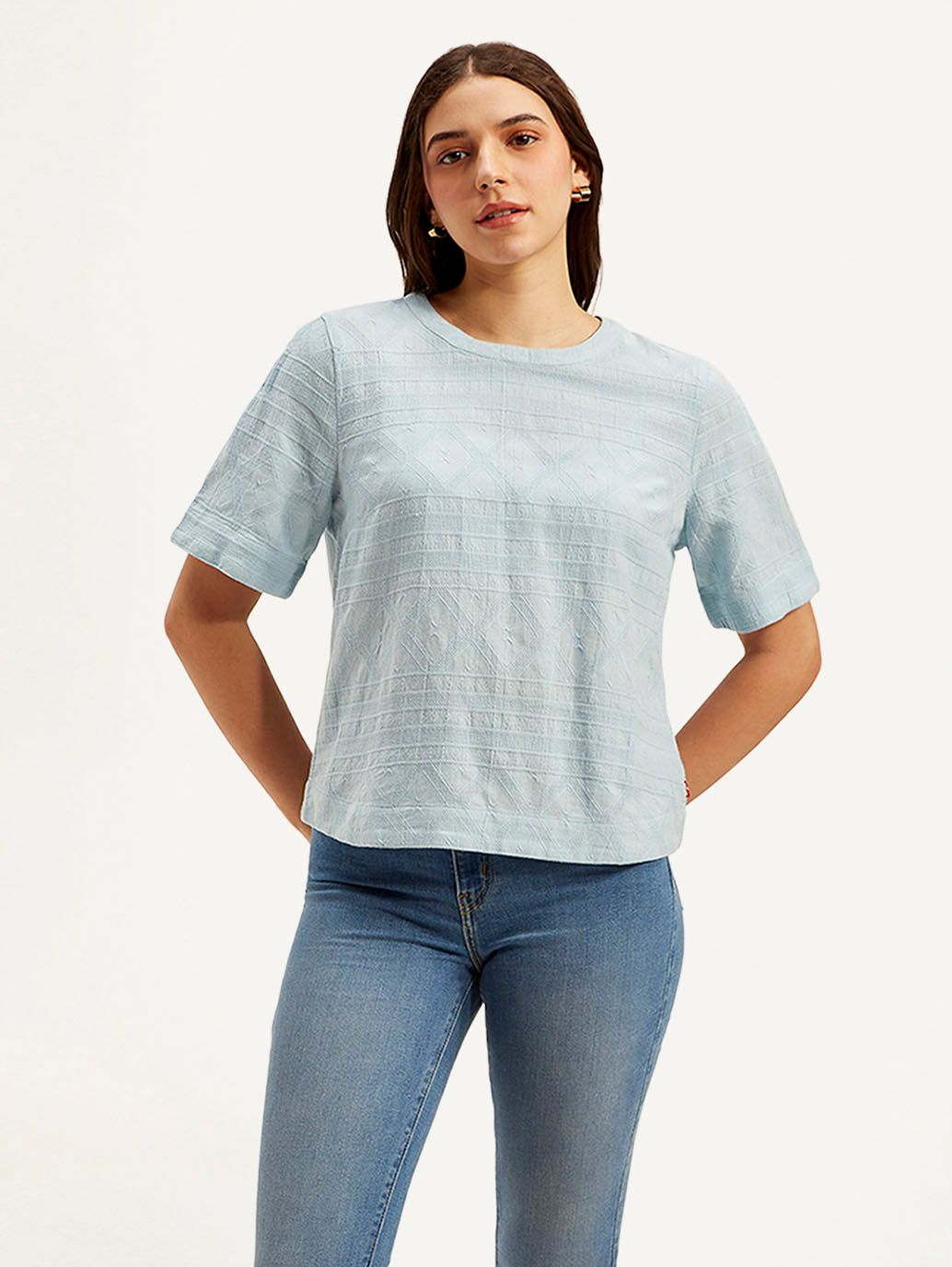 Women's Textured Light Blue Round Neck Top - Front View