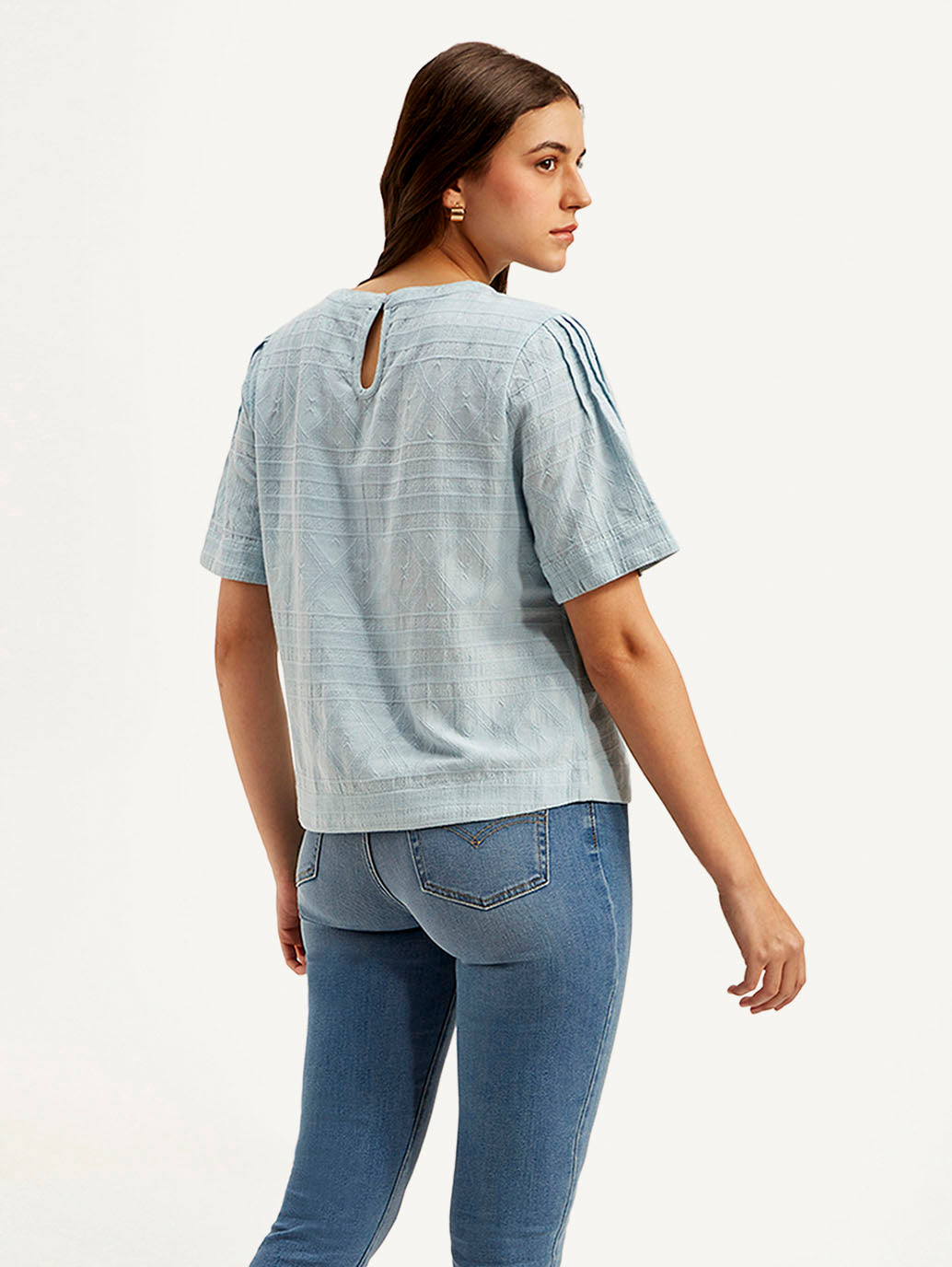Women's Textured Light Blue Round Neck Top - Back View