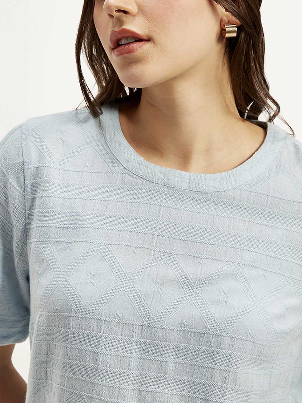 Women's Textured Light Blue Round Neck Top - Detail View
