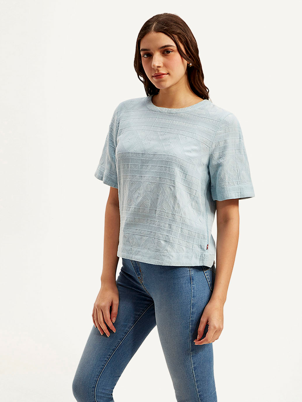 Women's Textured Light Blue Round Neck Top - Side View