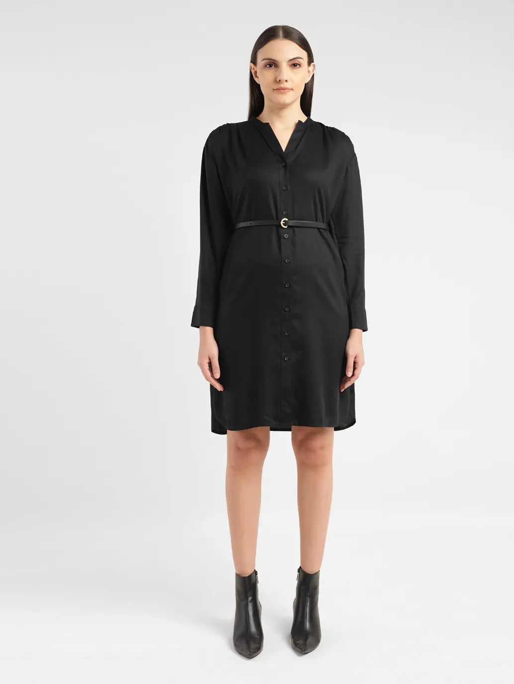 Women's Solid Black Band Neck Dress