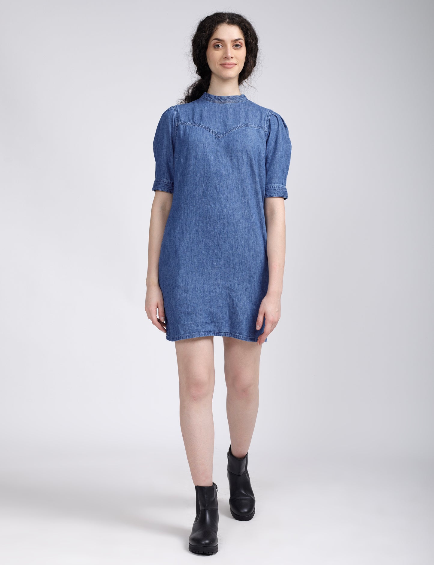 Women's Solid Blue Collar Neck Denim Dress - 1 View