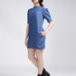Women's Solid Blue Collar Neck Denim Dress - 2 View