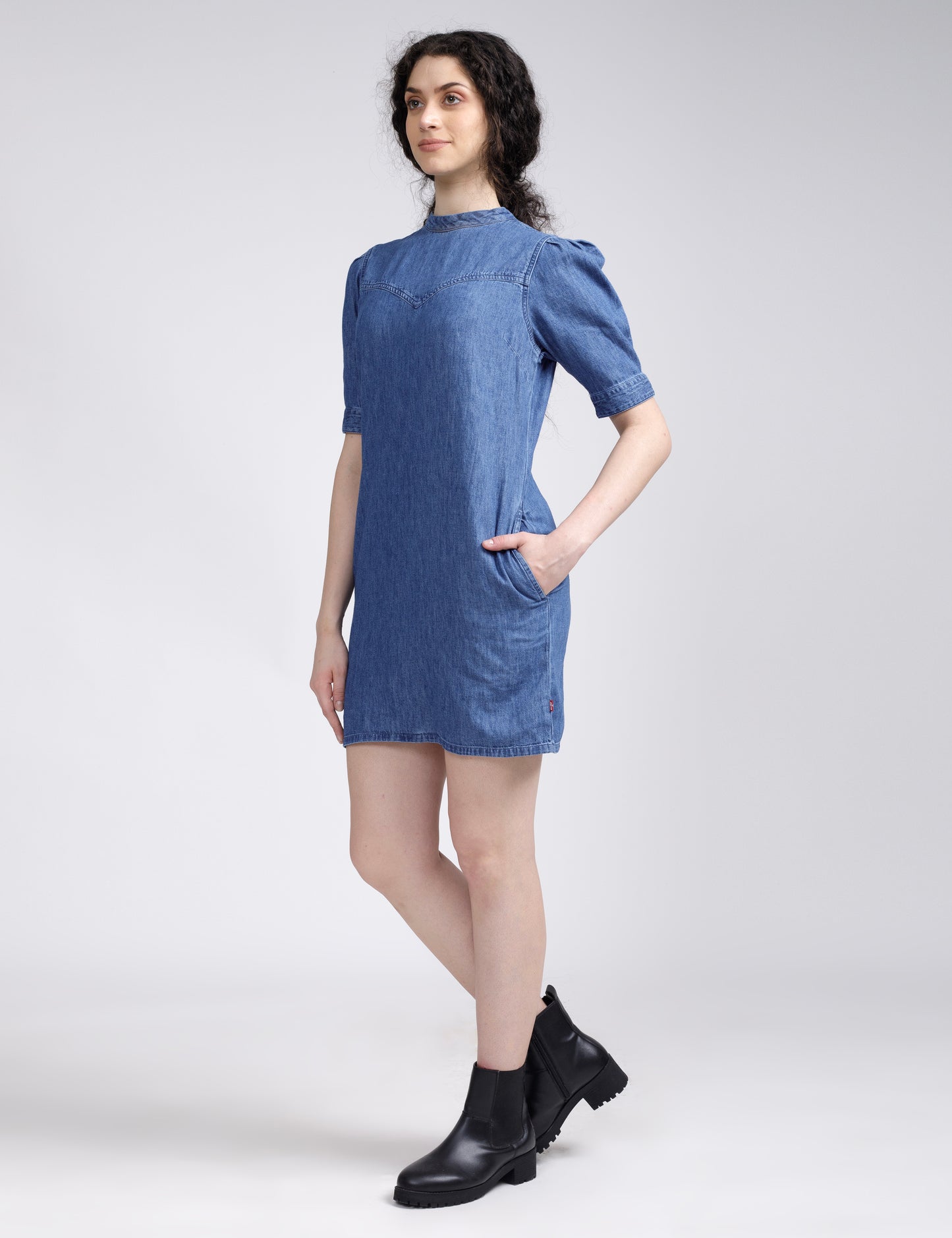 Women's Solid Blue Collar Neck Denim Dress - 2 View