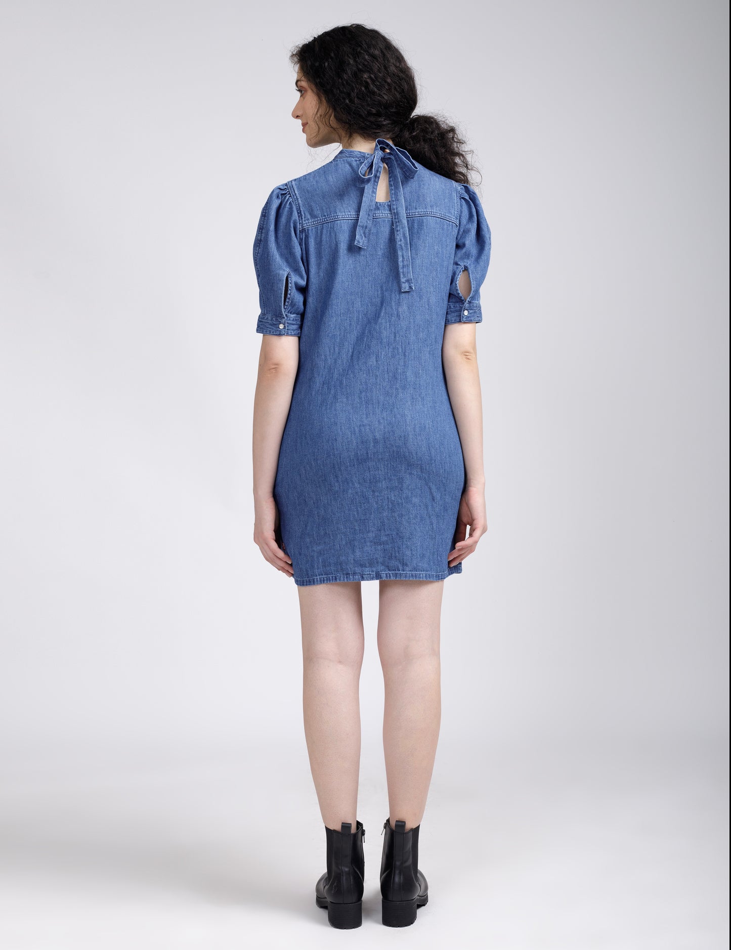 Women's Solid Blue Collar Neck Denim Dress - 3 View