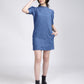 Women's Solid Blue Collar Neck Denim Dress - 7 View