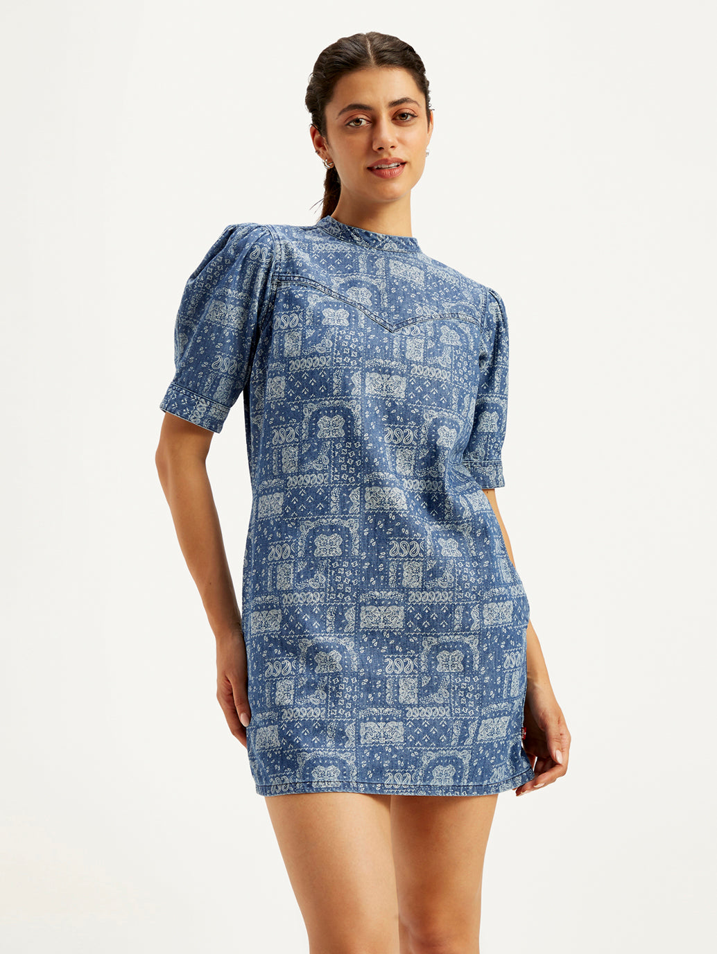 Women's Paisley Blue Band Neck Mini Denim Dress - 8ca217f5-fa83-437d-a54c-64b07619aeff View