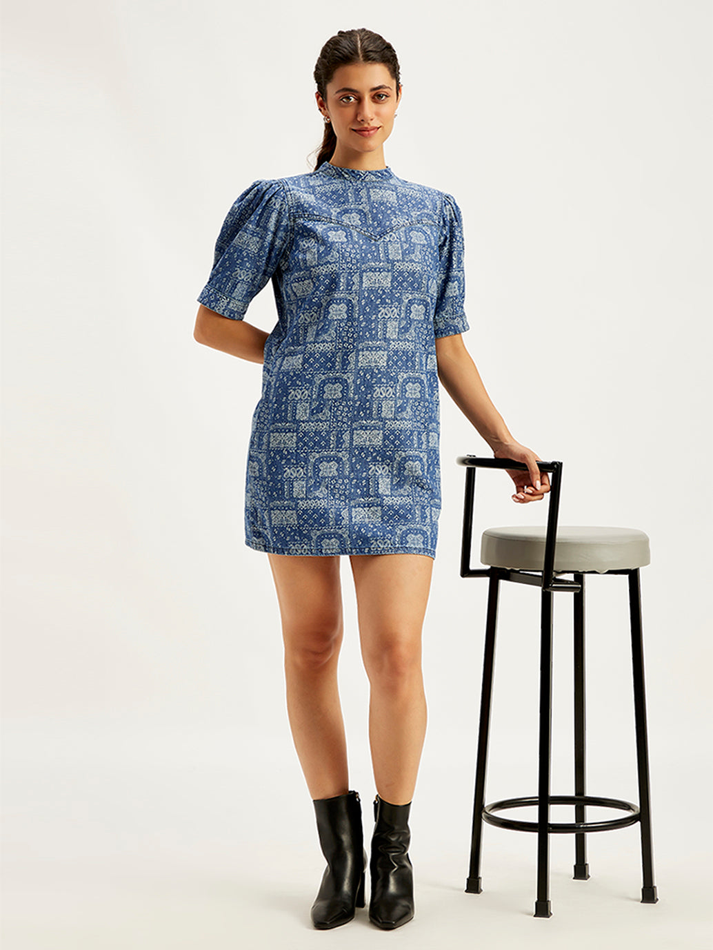 Women's Paisley Blue Band Neck Mini Denim Dress - e41a2522-68a9-4aa6-af6f-6c663a22bfe4 View