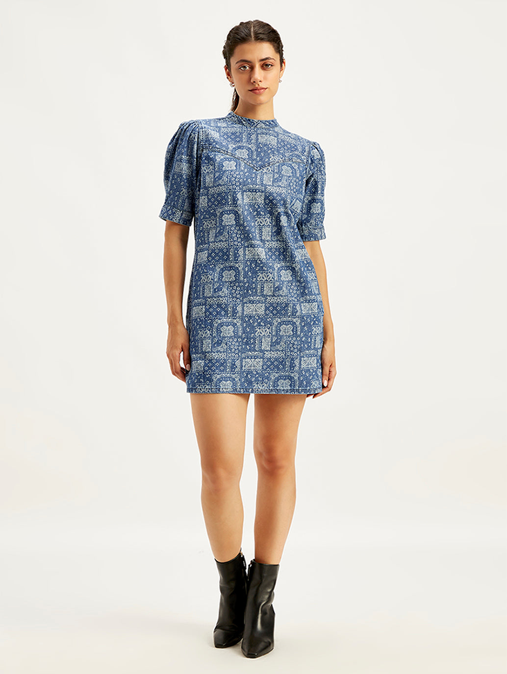 Women's Paisley Blue Band Neck Mini Denim Dress - 716e3170-15f5-4854-9813-02f4ac720d94 View
