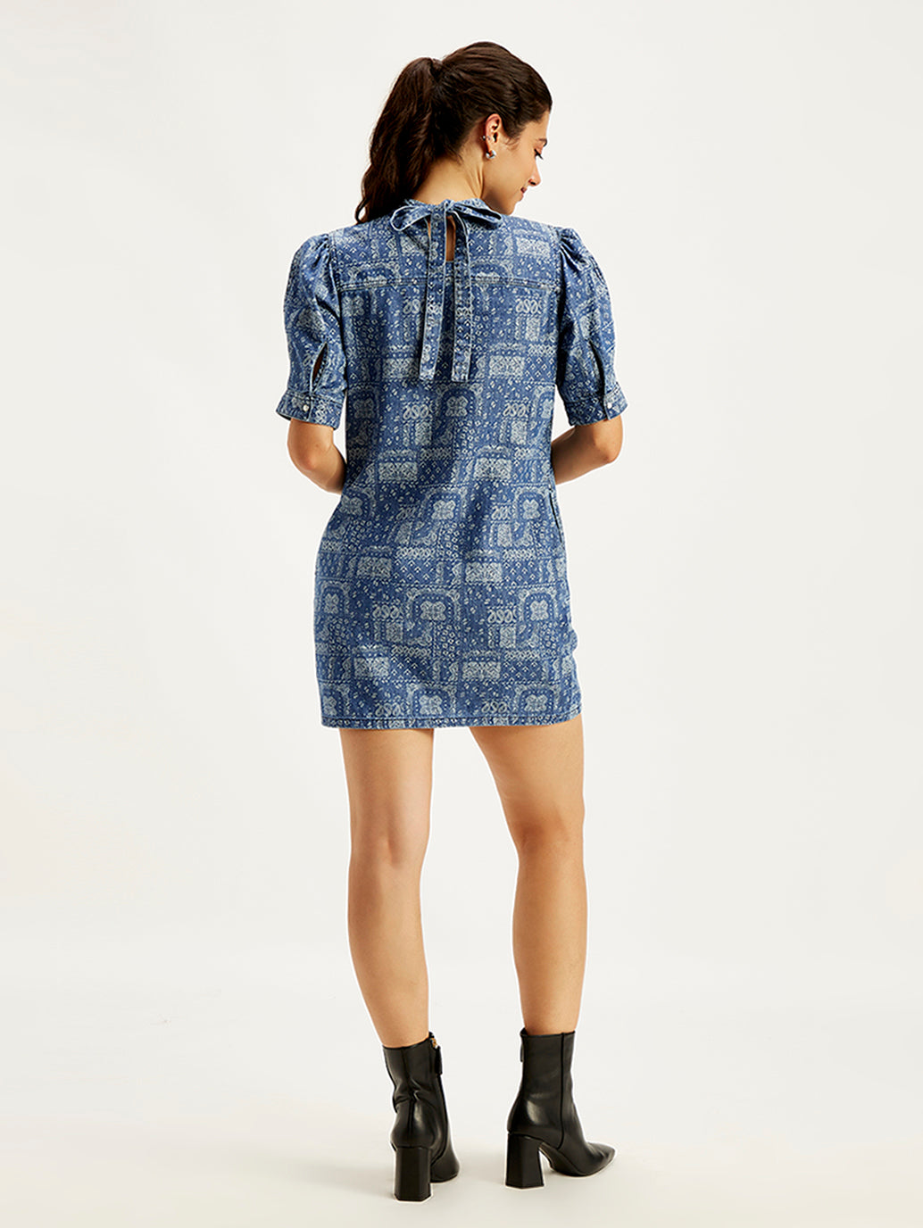 Women's Paisley Blue Band Neck Mini Denim Dress - 1cb7fea3-1141-4cc9-bf42-bd2ad2d5ad3c View