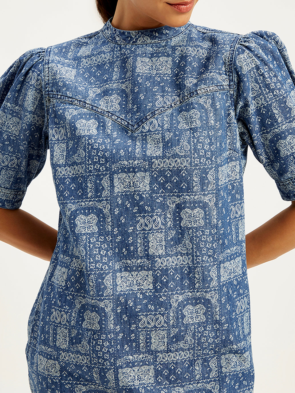 Women's Paisley Blue Band Neck Mini Denim Dress - 1c1a72f5-c228-4bea-8f29-4faabbaca368 View