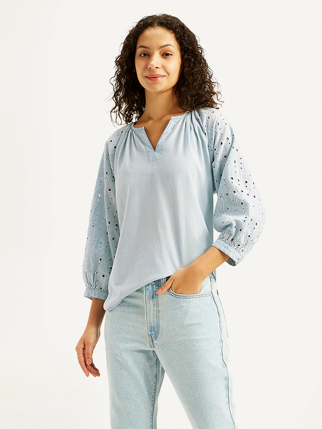 Women's Solid Light-Blue Peasant Top - Styleshot View