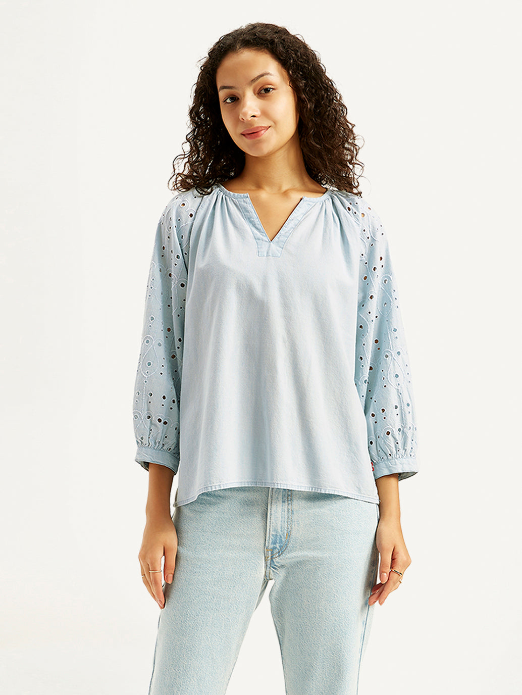 Women's Solid Light-Blue Peasant Top - Front View