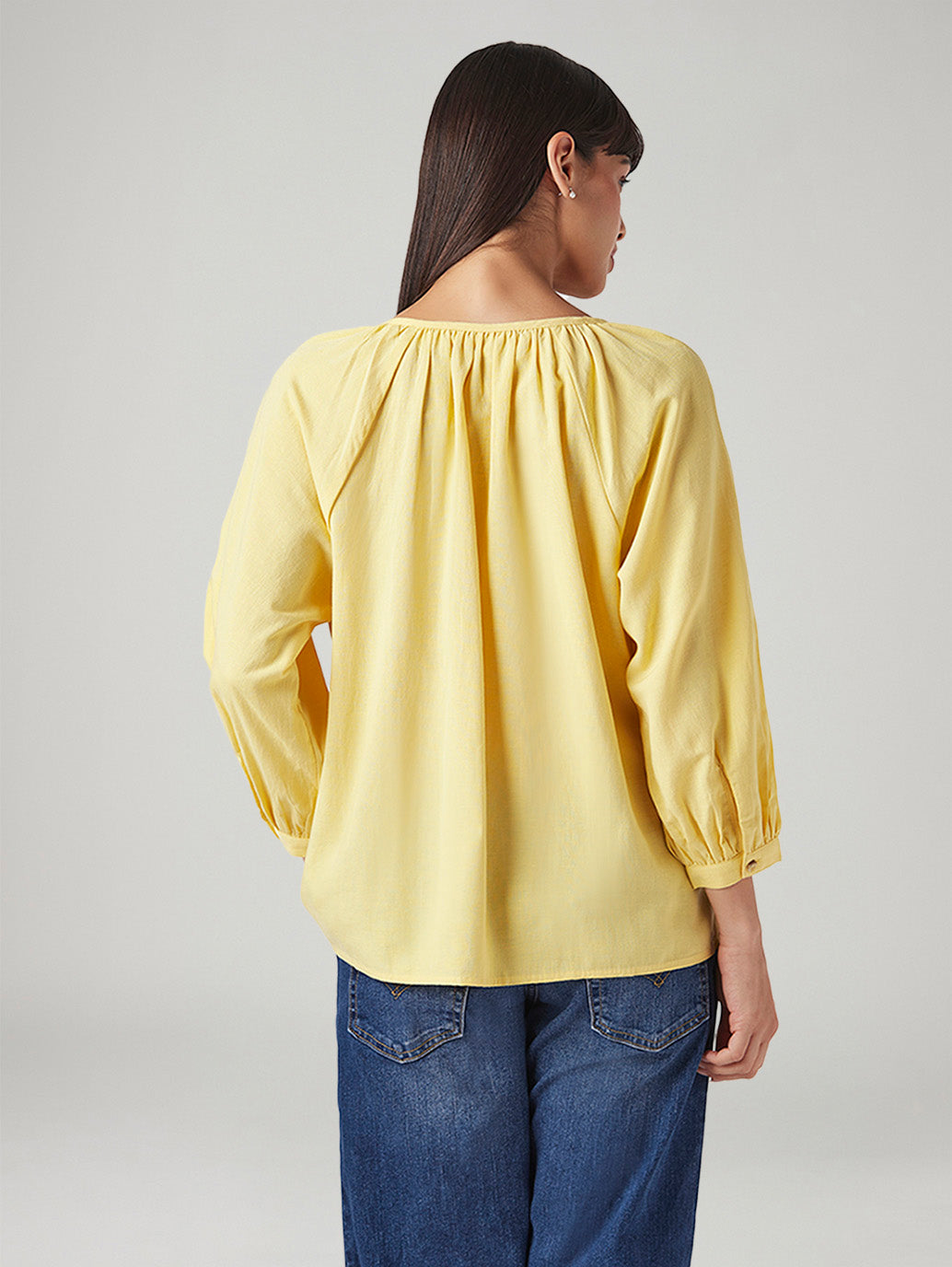 Women's Solid Regular Fit Linen Top - Back View