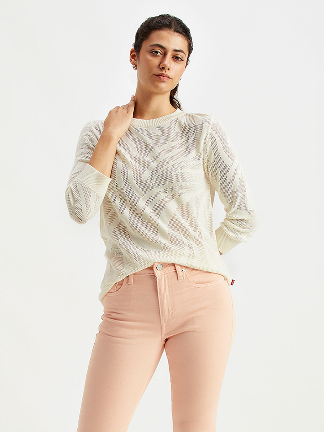Women's Self Design Off-White Crew Neck Sweater - Styleshot View