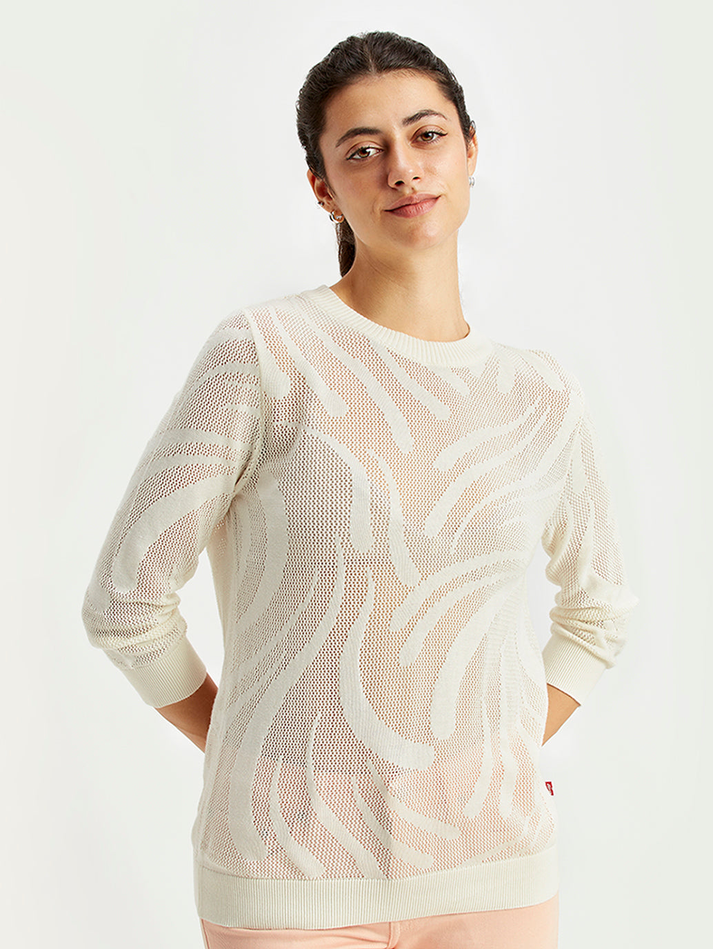 Women's Self Design Off-White Crew Neck Sweater - Detail View