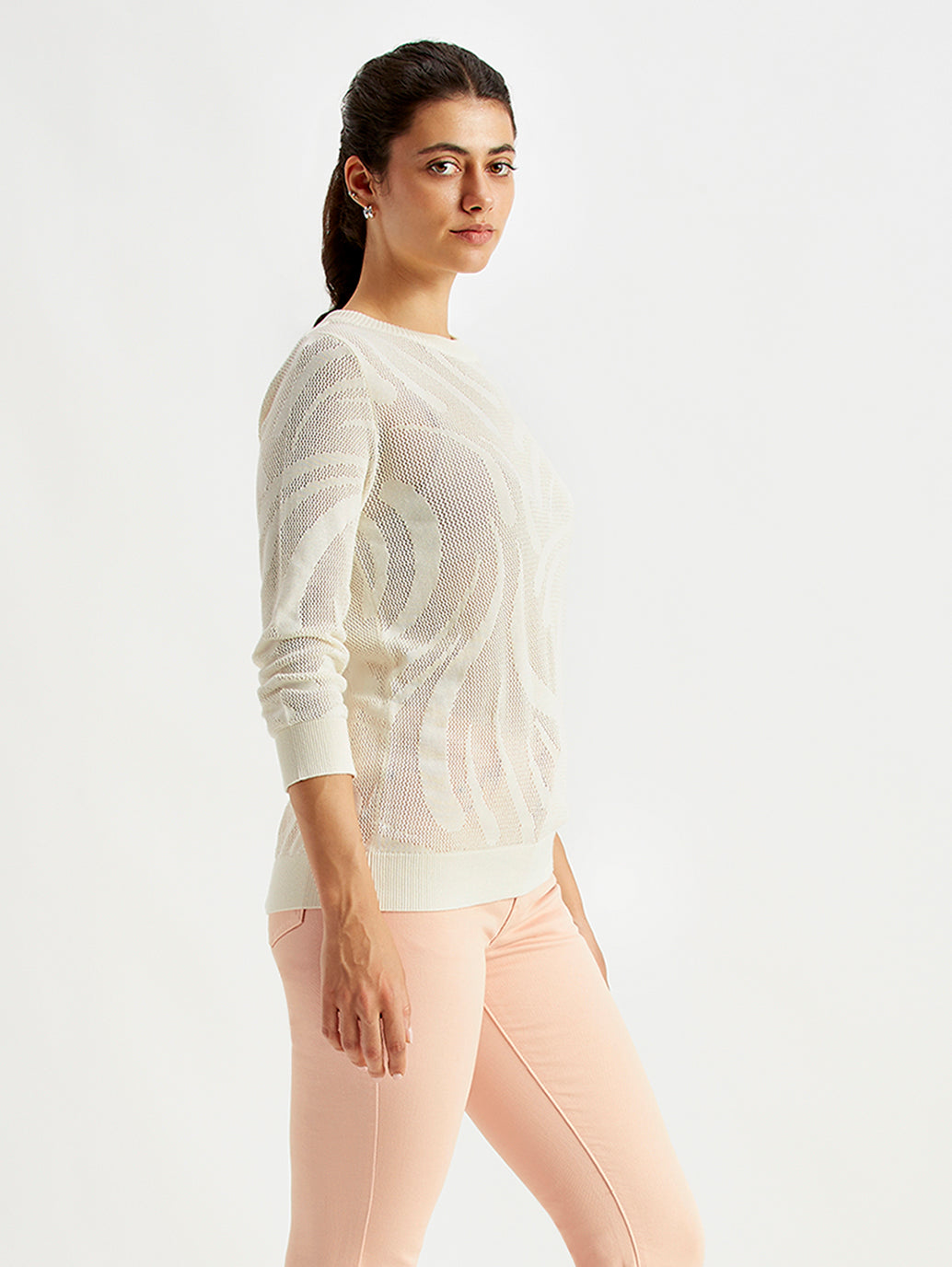 Women's Self Design Off-White Crew Neck Sweater - Side View