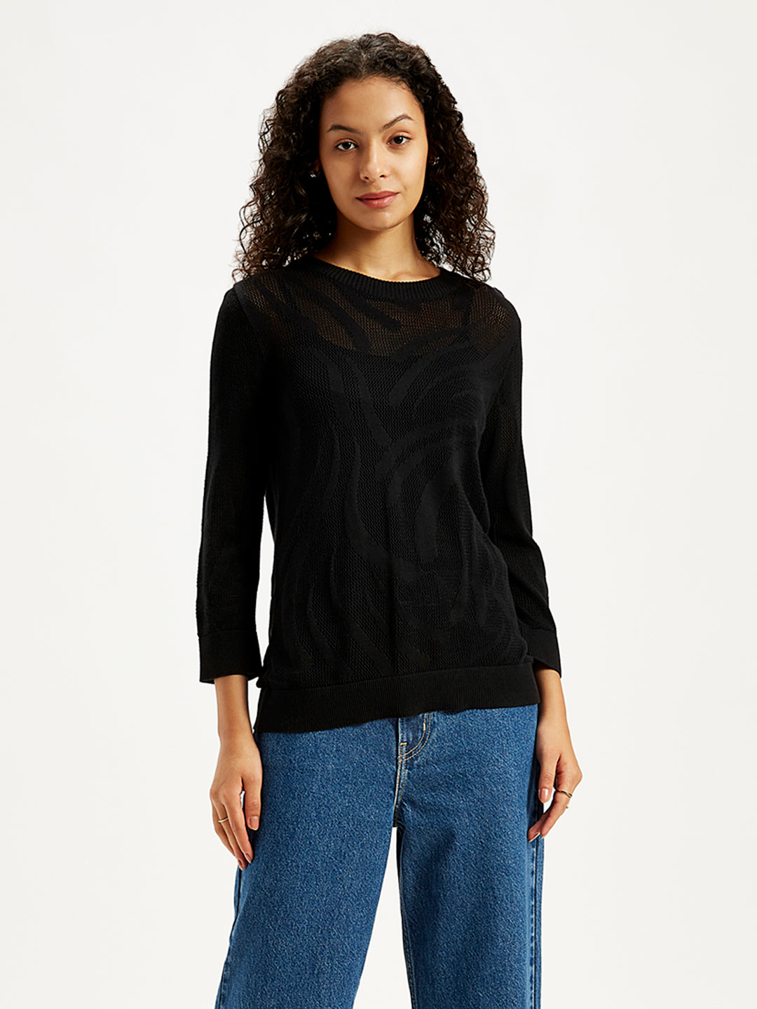 Women's Self Design Black Crew Neck Sweater