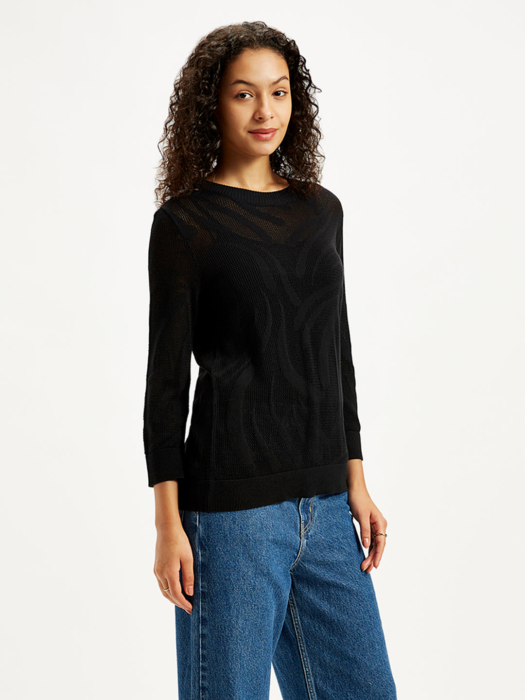 Women's Self Design Black Crew Neck Sweater - Side View
