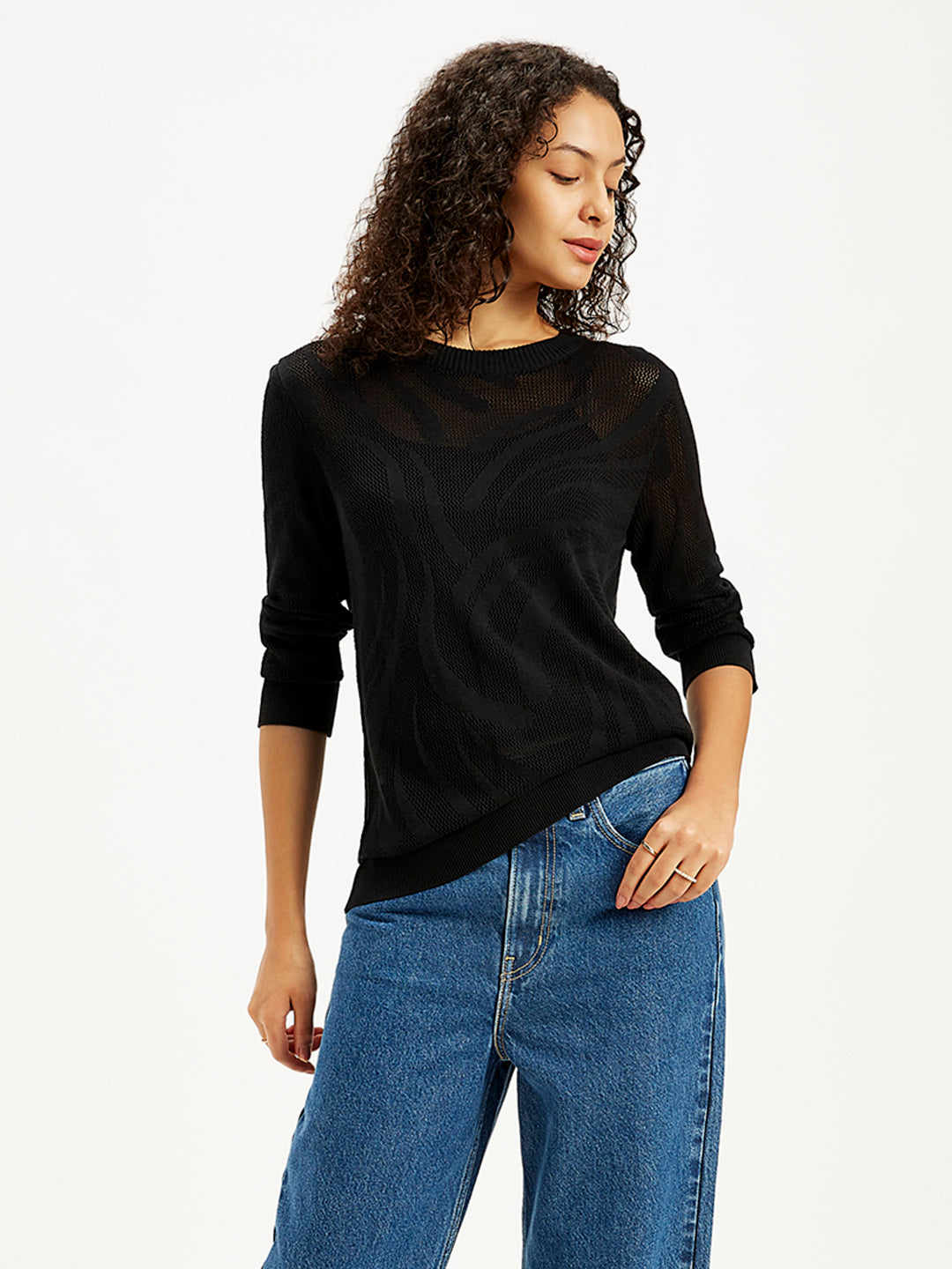Women's Self Design Black Crew Neck Sweater - ddaaa68f-eef3-47d3-bc37-d701ae719e78 View