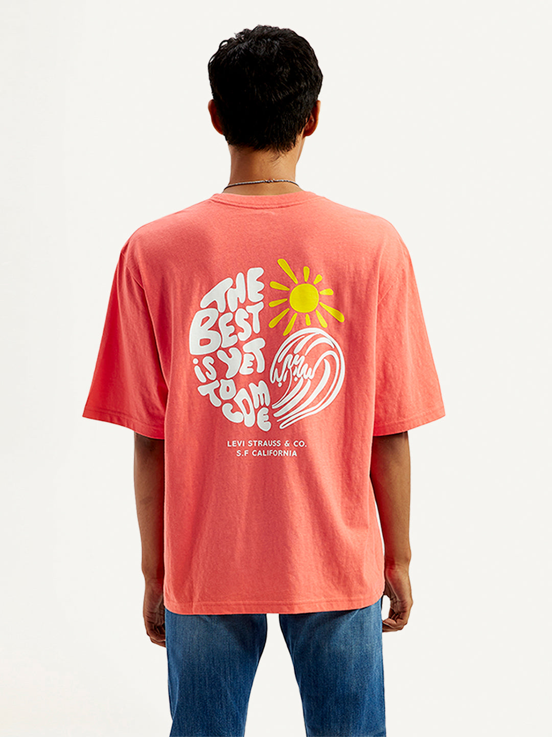 Men's Solid Loose Fit Graphic T-Shirt - Back View