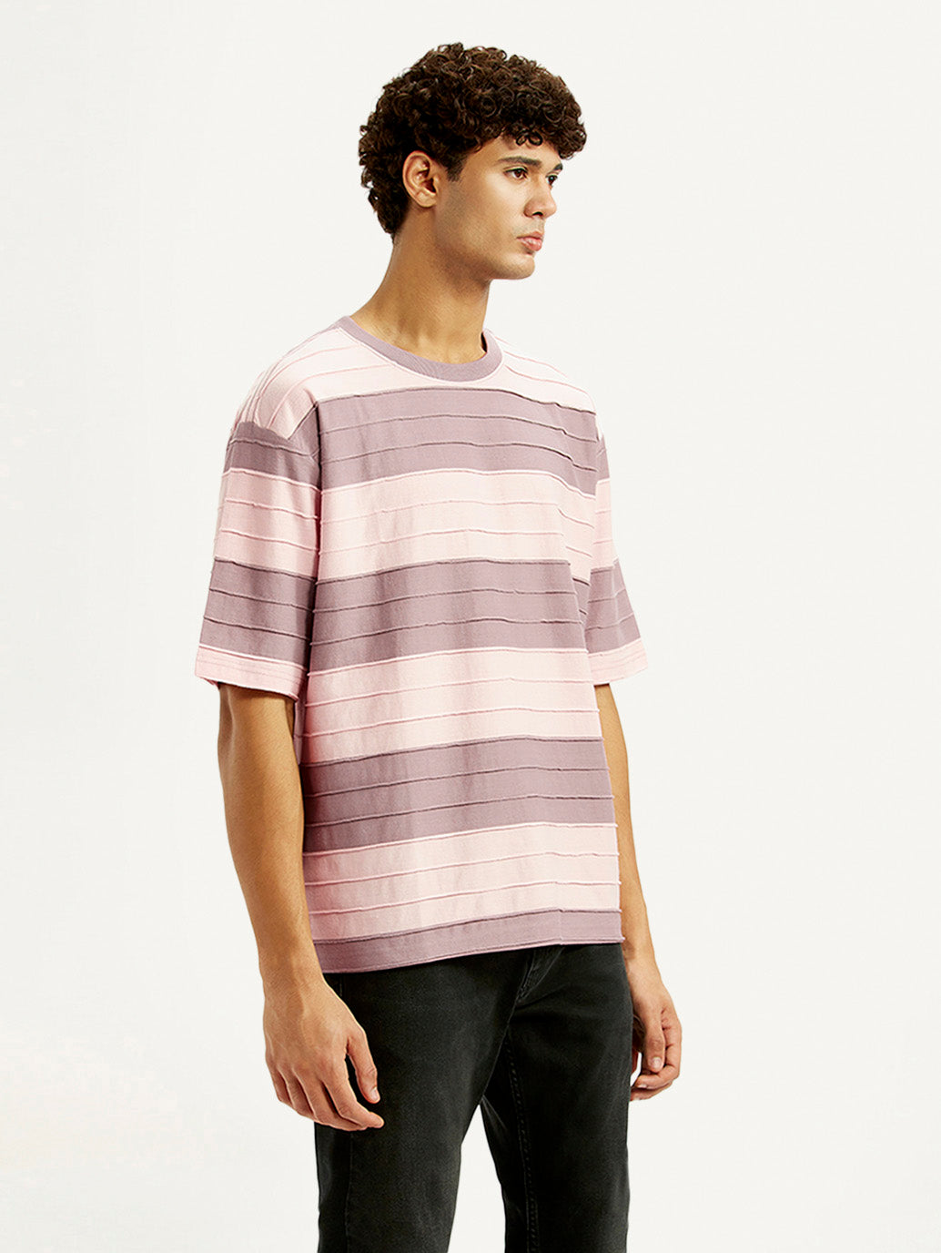 Men's Striped Mauve Loose Fit T-shirt - Side View