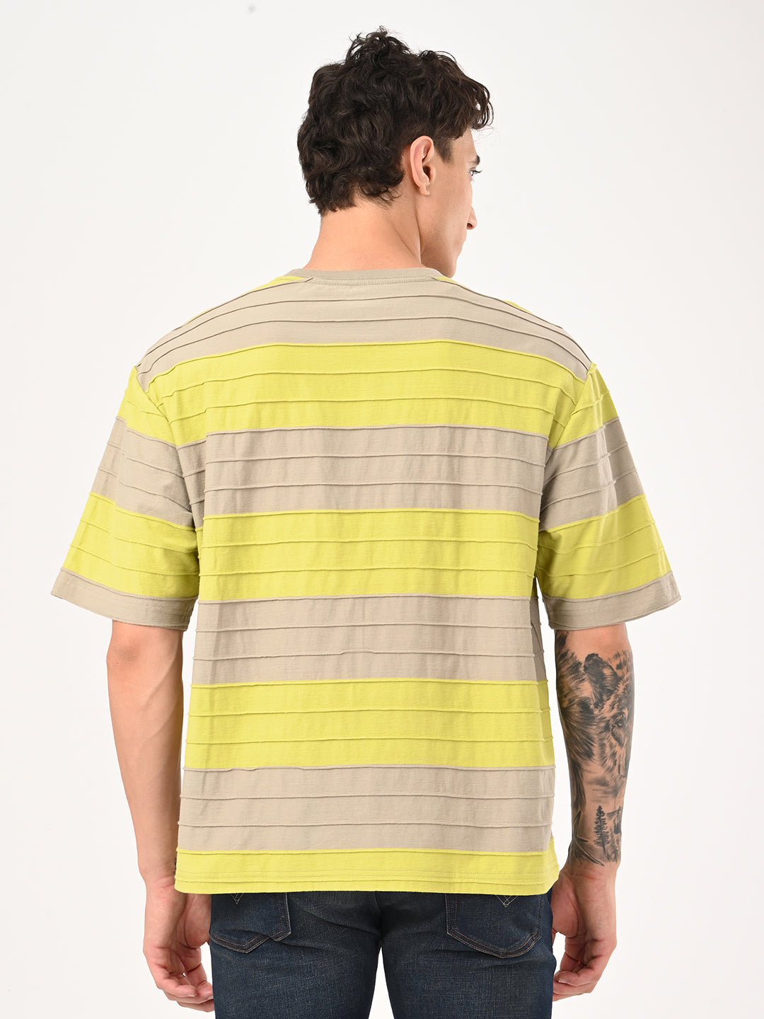 Men's Striped Loose Fit Textured T-Shirt - bac View
